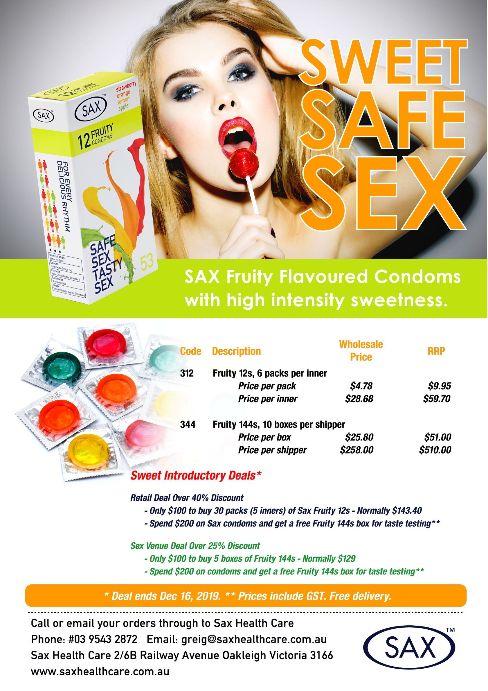 Promo - Bulk 144 Box Sax Fruity Flavoured Condoms Strawberry Orange Lemon Apple Regular 53mm nominal width - 5 Box Intro Deal.